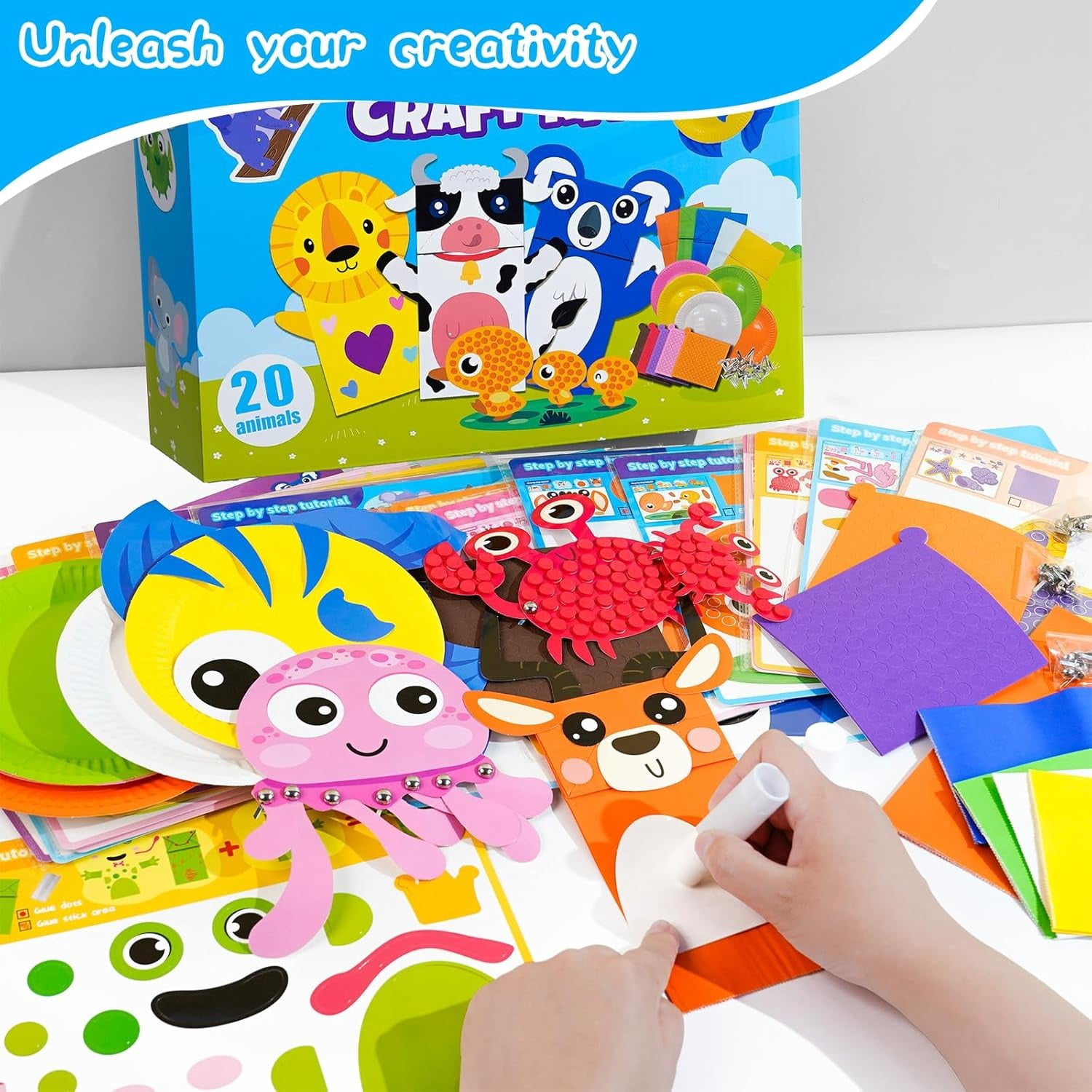 20 Animal Arts & Crafts Kit for Kids 4-6, All-Inclusive Toddler Craft Box with Paper Plates, Puppets, Fun Activities, Tigers, Lions (134 Characters) (Animal)