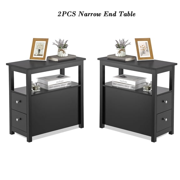 LINJH Set of 2 End Table Side Table w/2 Drawers and Shelf Sofa Table for Bedroom Black