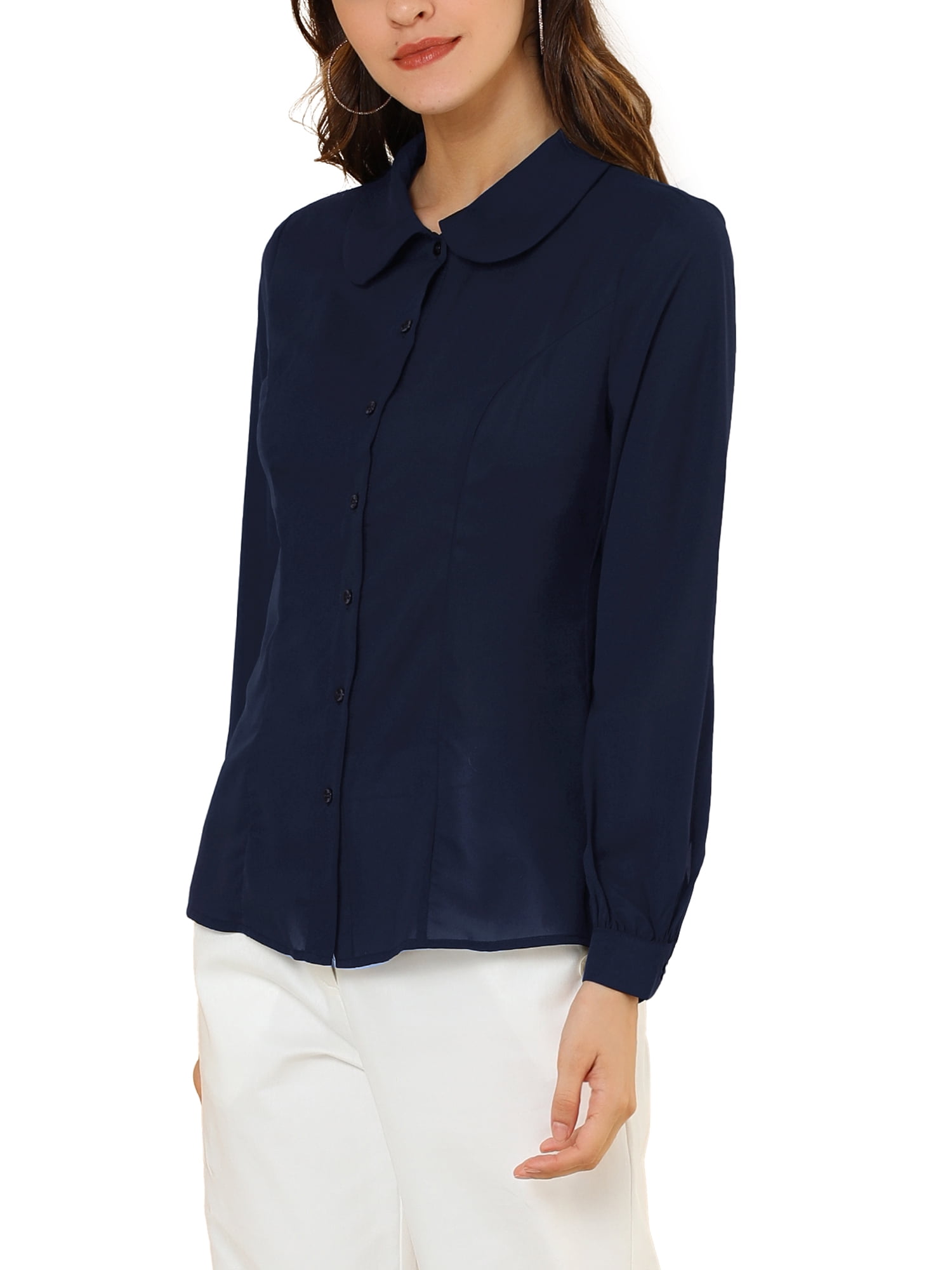 DARING DIVA Women's Peter Pan Collar Long Sleeve Work Office Shirt L Navy Blue