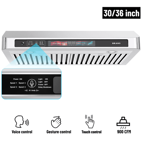 BRANO 36 Inch Under Cabinet Range Hood with Voice/Gesture/Touch Control, 900 CFM Kitchen Vent Hood with 4-Speed Exhaust Fan