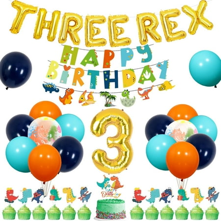Boy Dinosaur Party Decorations 3rd Birthday, 3 Rex Birthday Decorations Boys, Dinosaur Party Balloons Three Rex Balloon Banner Happy Birthday Banner, Dinosaur Cupcake Cake Topper for 3 Rex Birthday