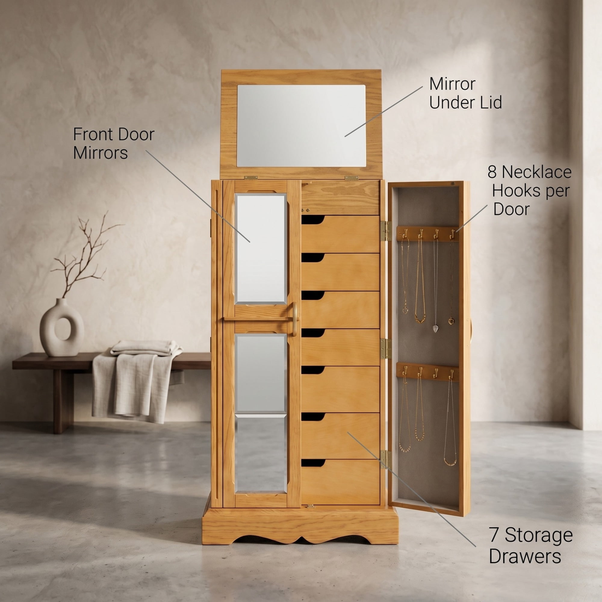 Hives & Honey Chelsea Standing Jewelry Armoire, Walnut - 7-Drawer Storage Cabinet with Mirror, Adult