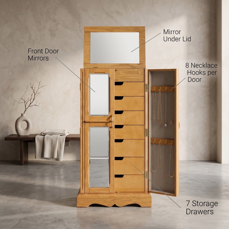 Hives and Honey Chelsea Jewelry Armoire, Walnut, 7-Drawer, Mirror