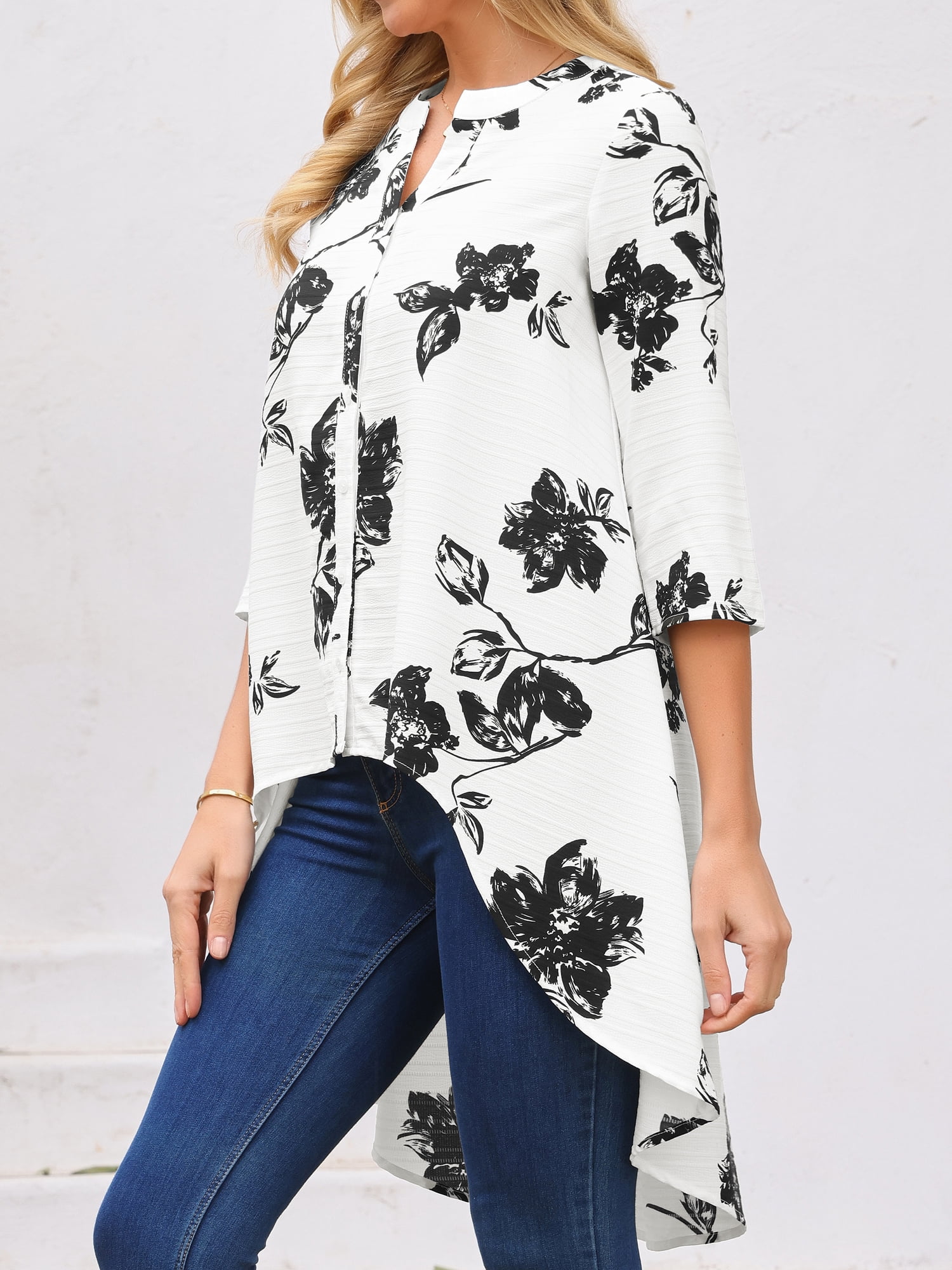 DARING DIVA Women's High Low Floral 3/4 Sleeve V Neck Asymmetrical Blouse S White