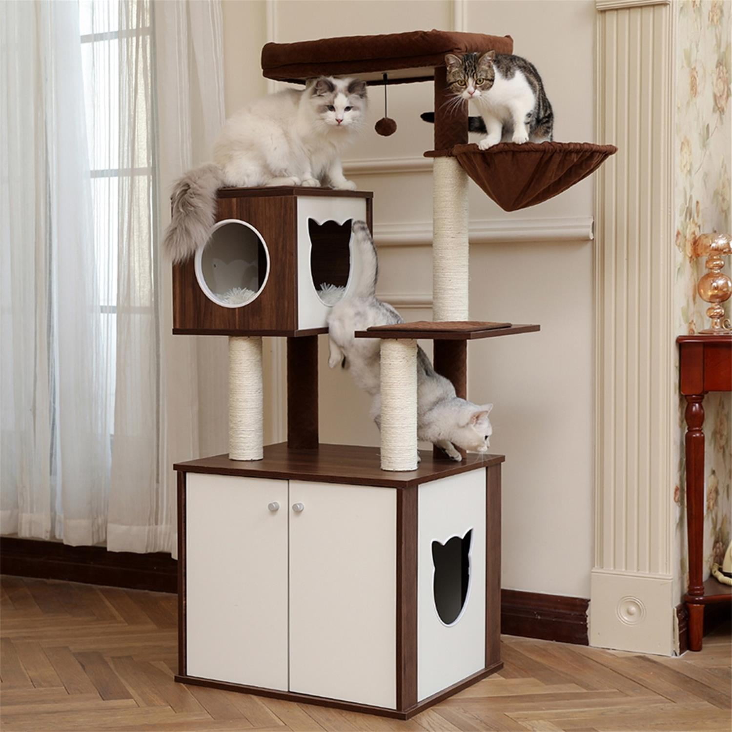 Pefilos 59" Wood Cat Tower Modern Cat Tree with Storage Cabinet Litter Box Enclosure and Cat Condo, Brown Pefilos 59" Wood Cat Tower Modern Cat Tree with Storage Cabinet Litter Box Enclosure and Cat Condo, Brown