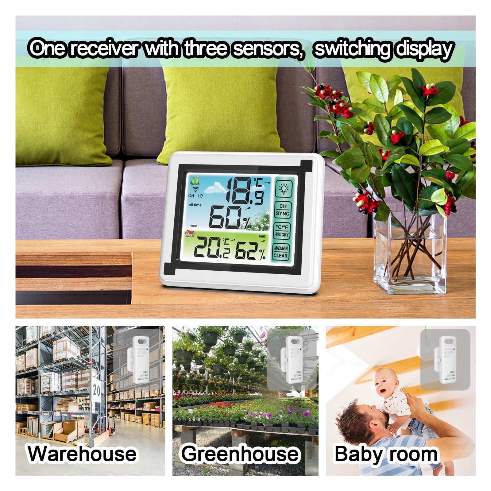 Wireless Weather Station with 3 Sensors, Color Screen Humidity Monitor, IPX4 - 3 SENSORS