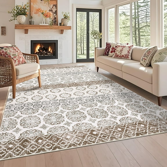 Garvee 5'x7' Vintage Floral Area Rug Boho Geometric Carpet, Washable Rugs Non Slip Stain-Resistant Oriental Indoor Rug for Living Room Bedroom Home Office, Beige