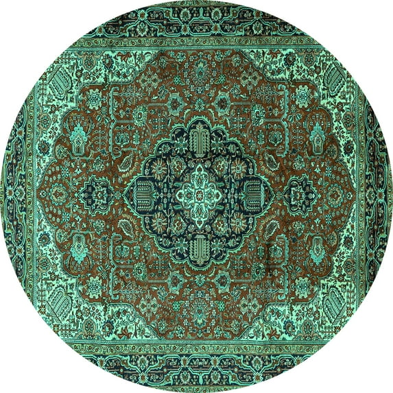 Ahgly Company Machine Washable Indoor Round Medallion Turquoise Blue Traditional Area Rugs, 6' Round