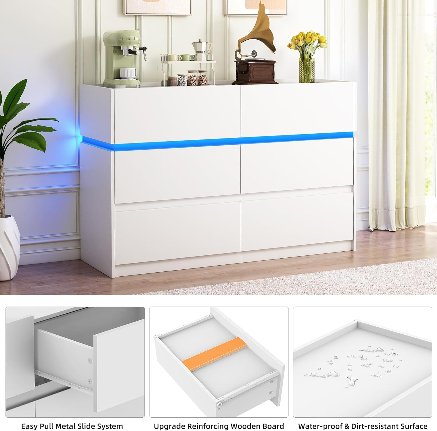 HAUXITIO 6 Drawer Dresser Chest with Charging Station and LED Lights for Bedroom, Modern TV Stand Cabinet, White