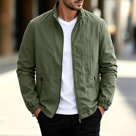 Stand Collar Zip Jacket for Men Fashion Solid Color Outdoor Business Pocket Long Sleeve Jackets Men's Breathable Lightweight Casual Outwear