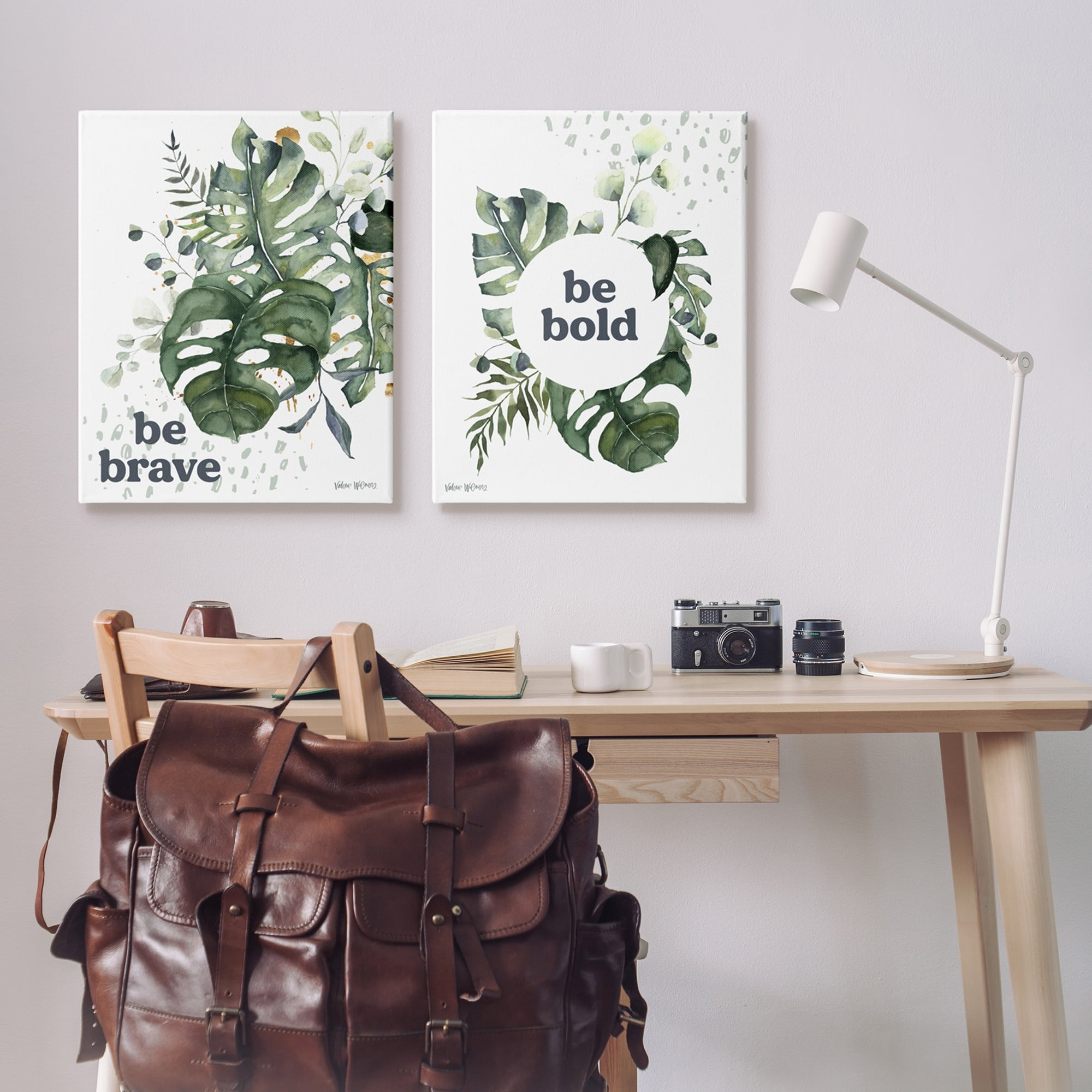 Stupell Industries Be Bold & Brave Quote Botanical Watercolor Monstera Leaves Modern Painting Gallery-Wrapped Canvas Print Wall Art Set of 2, 24 x 30, Design by Valerie Wieners