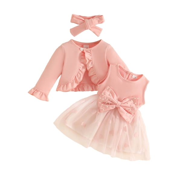 Mnyotv Toddler Baby Girl Clothes Mesh Sleeveless Tutu Dress with Long Sleeve Cardigan and Bow Headbands Size 6-9Months
