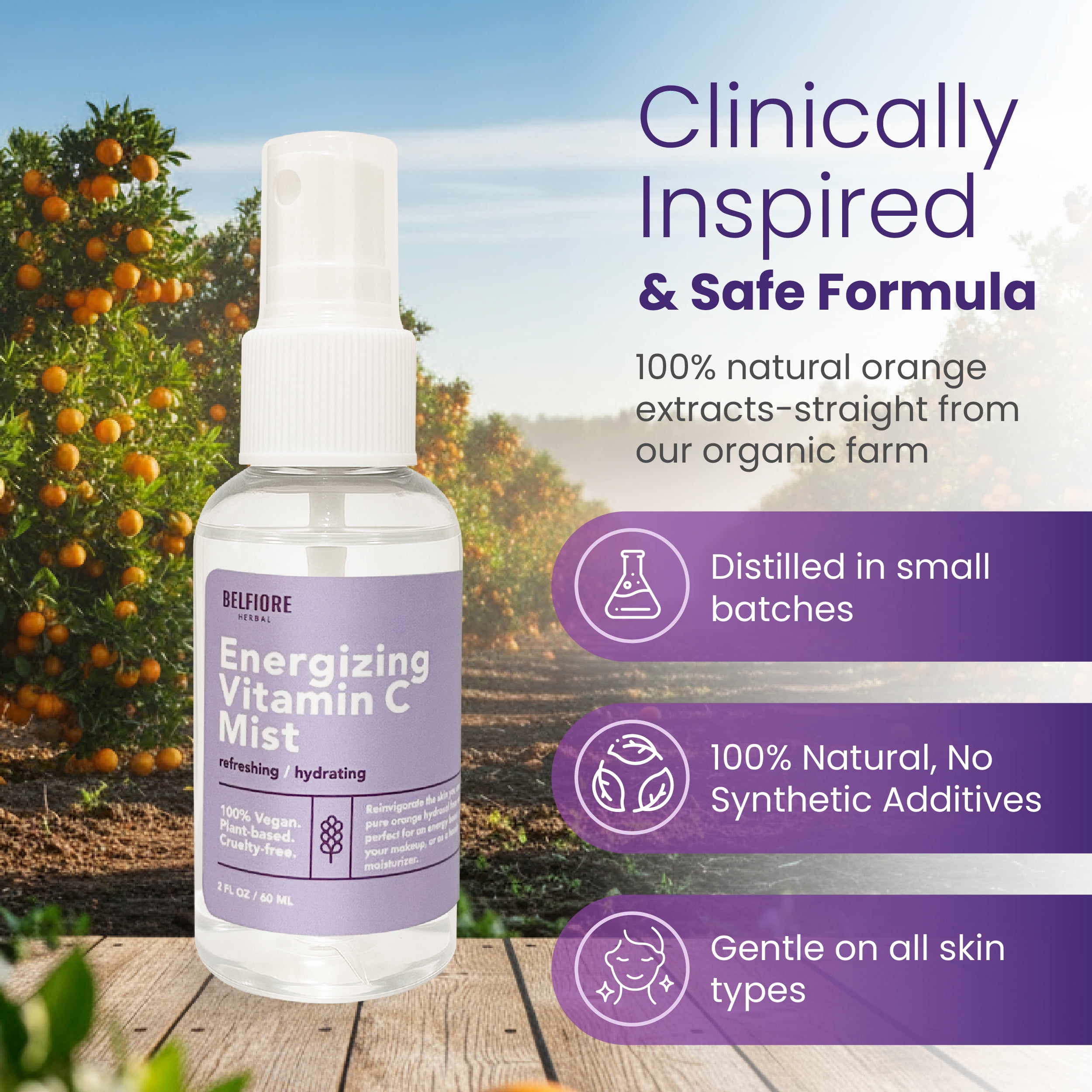Belfiore Herbal Energizing Vitamin C Mist - Hydrating Glow Spray - 2oz, 3 Pack