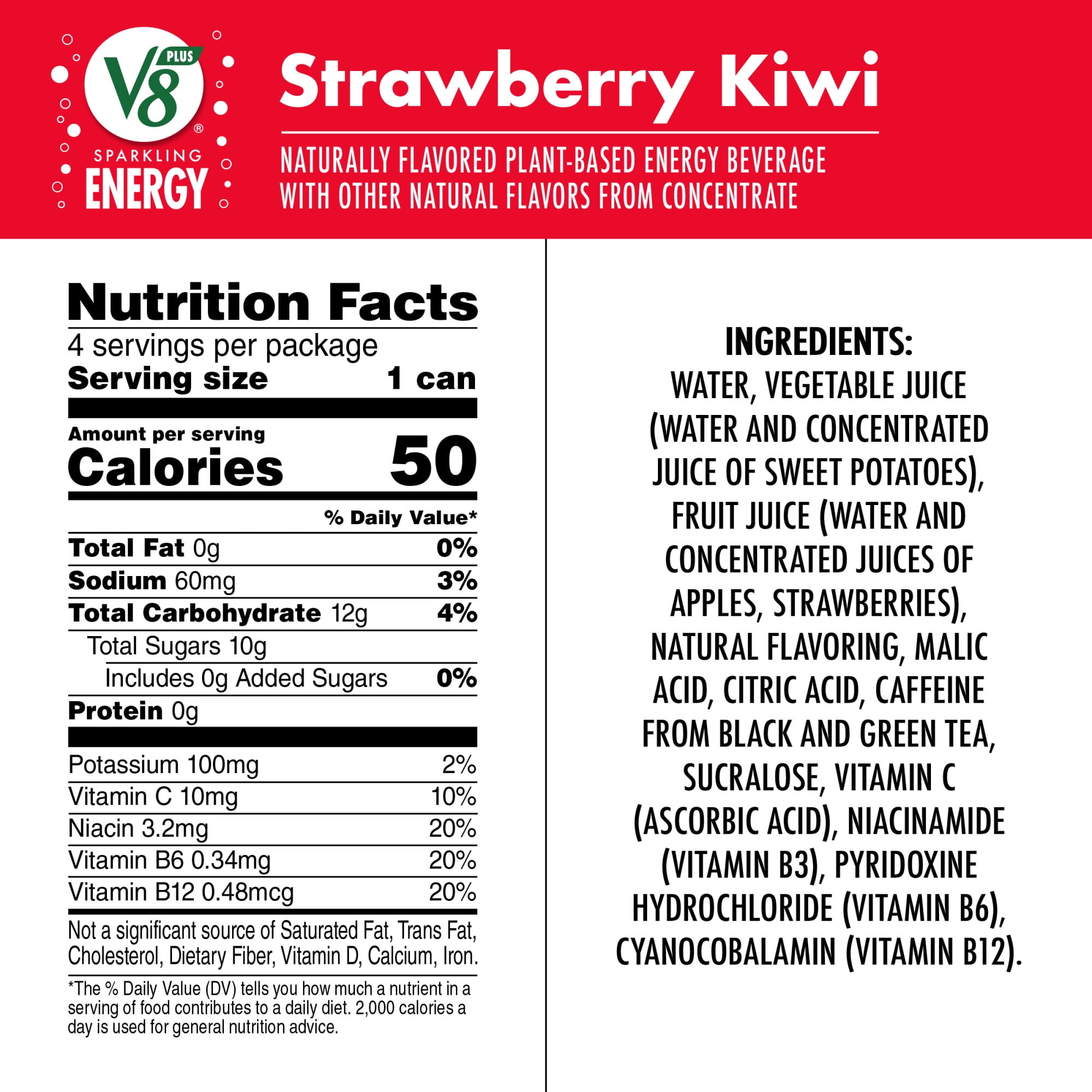 V8 +Energy Sparkling Strawberry Kiwi Juice Energy Drink, 11.5 fl oz Can, 4 Count