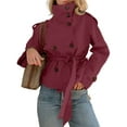 thumbnail image 2 of Women'S Trench Double Breasted Short Jacket High Collar Fall Winter Coats Trendy Outfit with Belt Wine Red M, 2 of 9