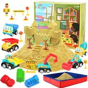 CROSOFMI Play Construction Sand Kit - Foldable Sandbox with 2lbs Sand, 6 Mini Trucks, 10 Road Signs and Modeling Tools - Perfect Gift for Kids Ages 3+