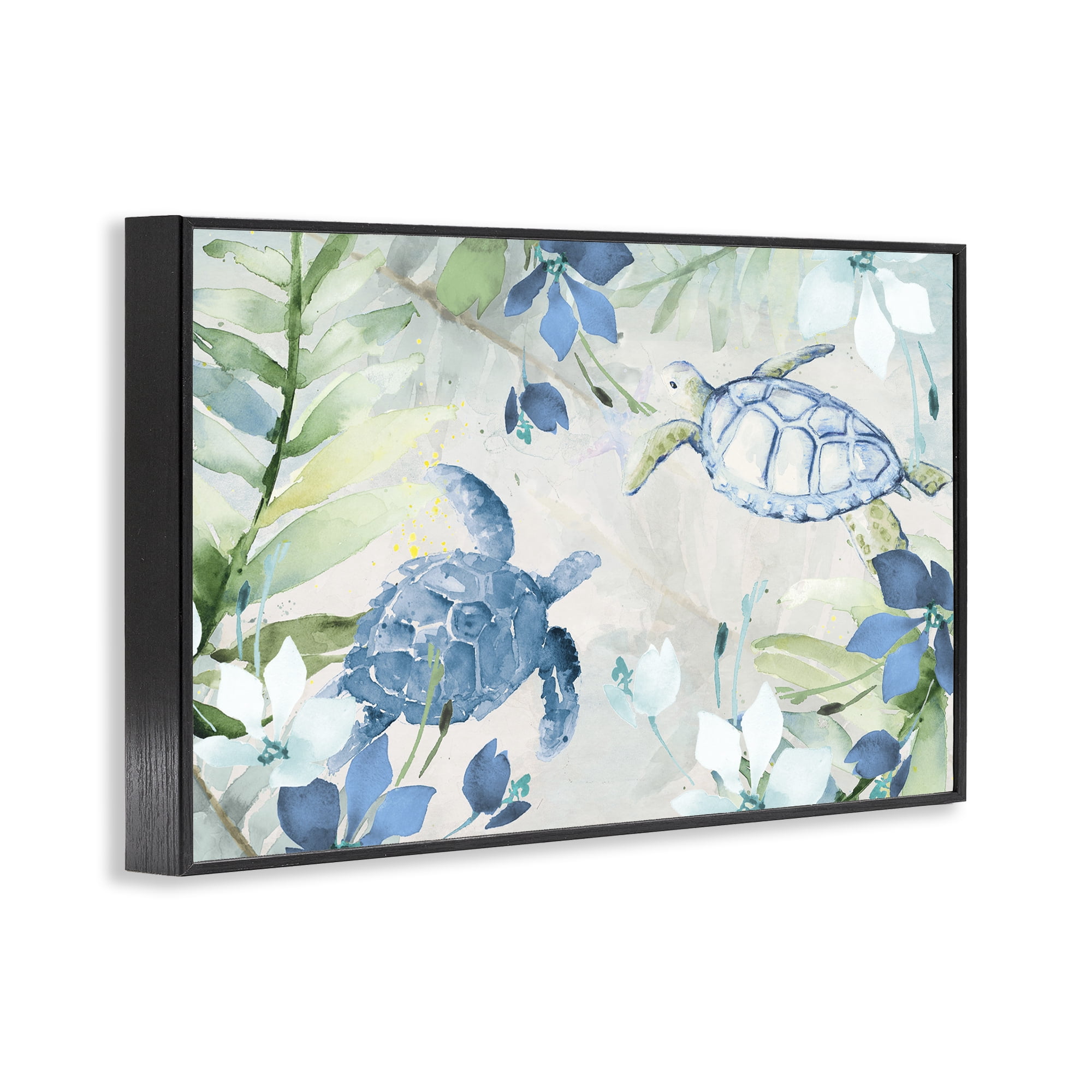 Stupell Industries Turtles Among Flowers Coastal Painting Black Framed Art Print Wall Art, 30 x 20