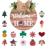LONGRV 1Pcs Interchangeable Seasonal Welcome Sign Front Door Decoration, Rustic Round Wood Wreaths Wall Hanging Outdoor, for Spring Summer Fall All Seasons Holiday Halloween Christmas