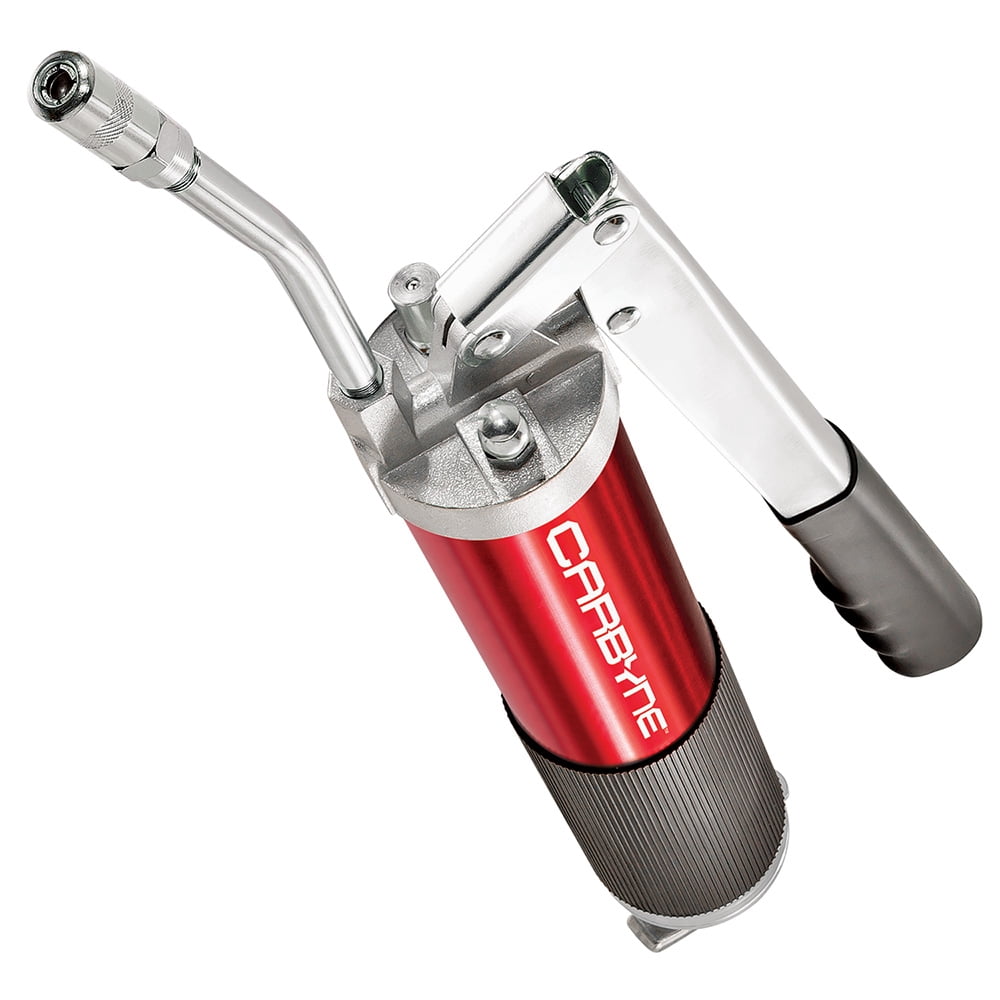 Carbyne Grease Gun, Lever Handle, Anodized Aluminum Barrel, 3-Way Loading, 12 in. Flex Hose, 6 in. Rigid Extension, Coupler, for Zerk Fittings