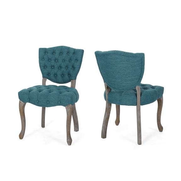 Dining Chair Set of 2, Button Tufted Teal Fabric Design, Rubberwood
