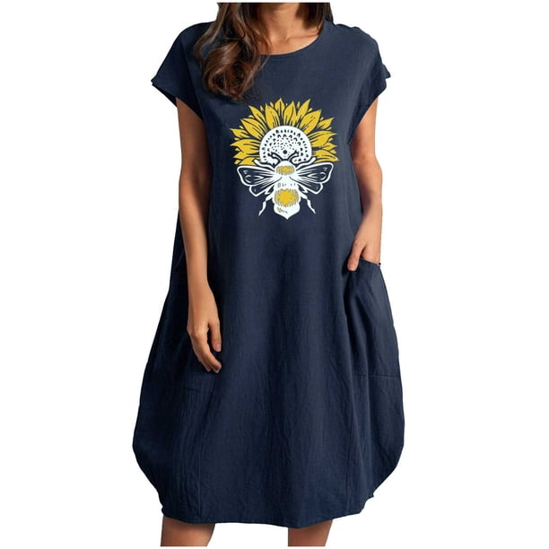 Vestido suelto de manga corta informal con estampado floral de algodón y lino de verano para mujer con bolsillo y cuello redondo Fridja qw3522