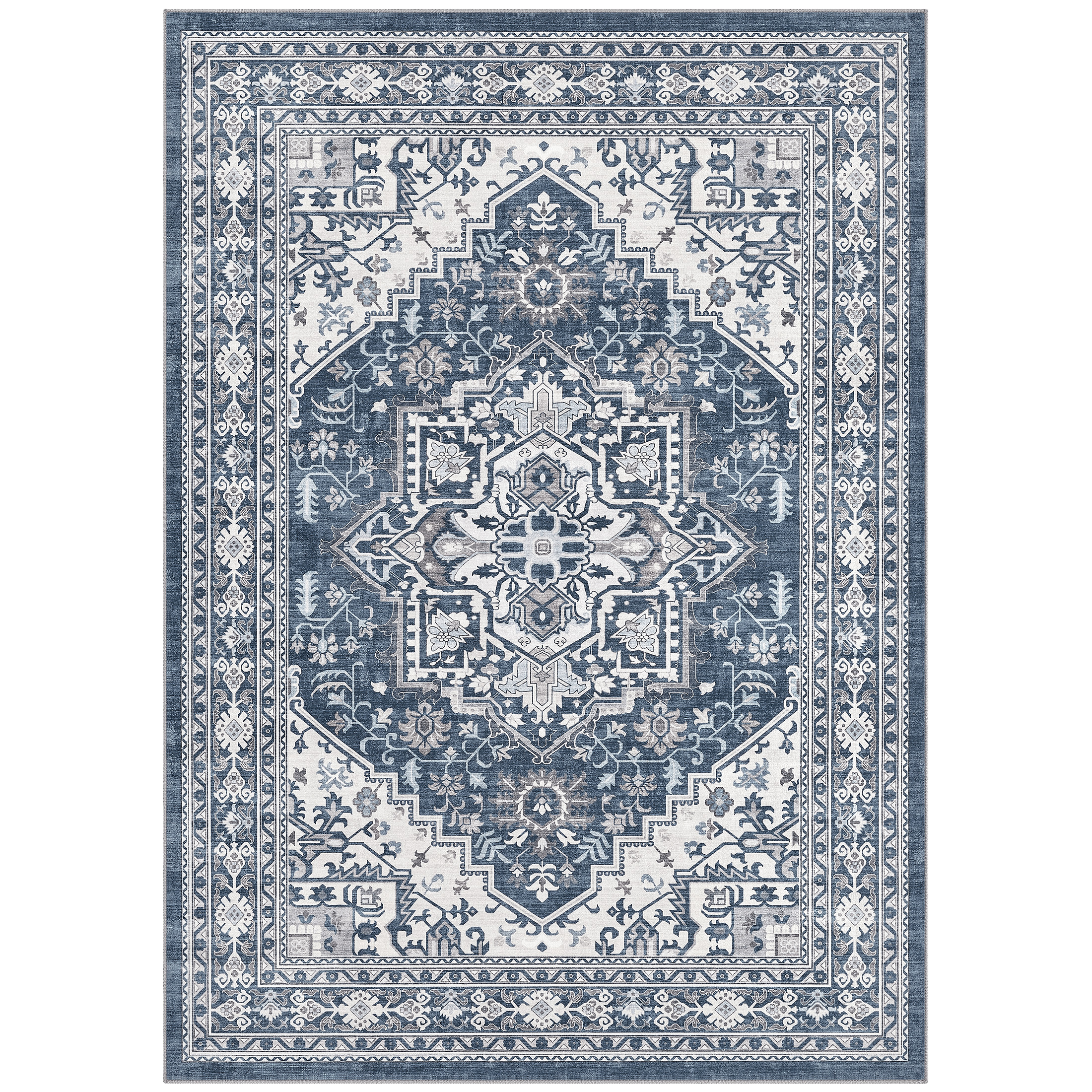 UERMEI 8x10 Washable Area Rugs for Living Room, Modern Vintage Printed Rug, Vacuum-Friendly, Non Slip Indoor Rug for Bedroom Dining Room Home Decor Carpet, Blue