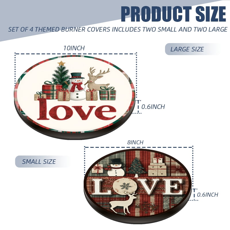 Christmas Metal Electric Stove Burner Cover, Christmas Snowman Love Round Durable Gas Stove Burner Covers Set of 4 for Kitchen Decor Xmas Decorations, 8 Inches and 10 Inches