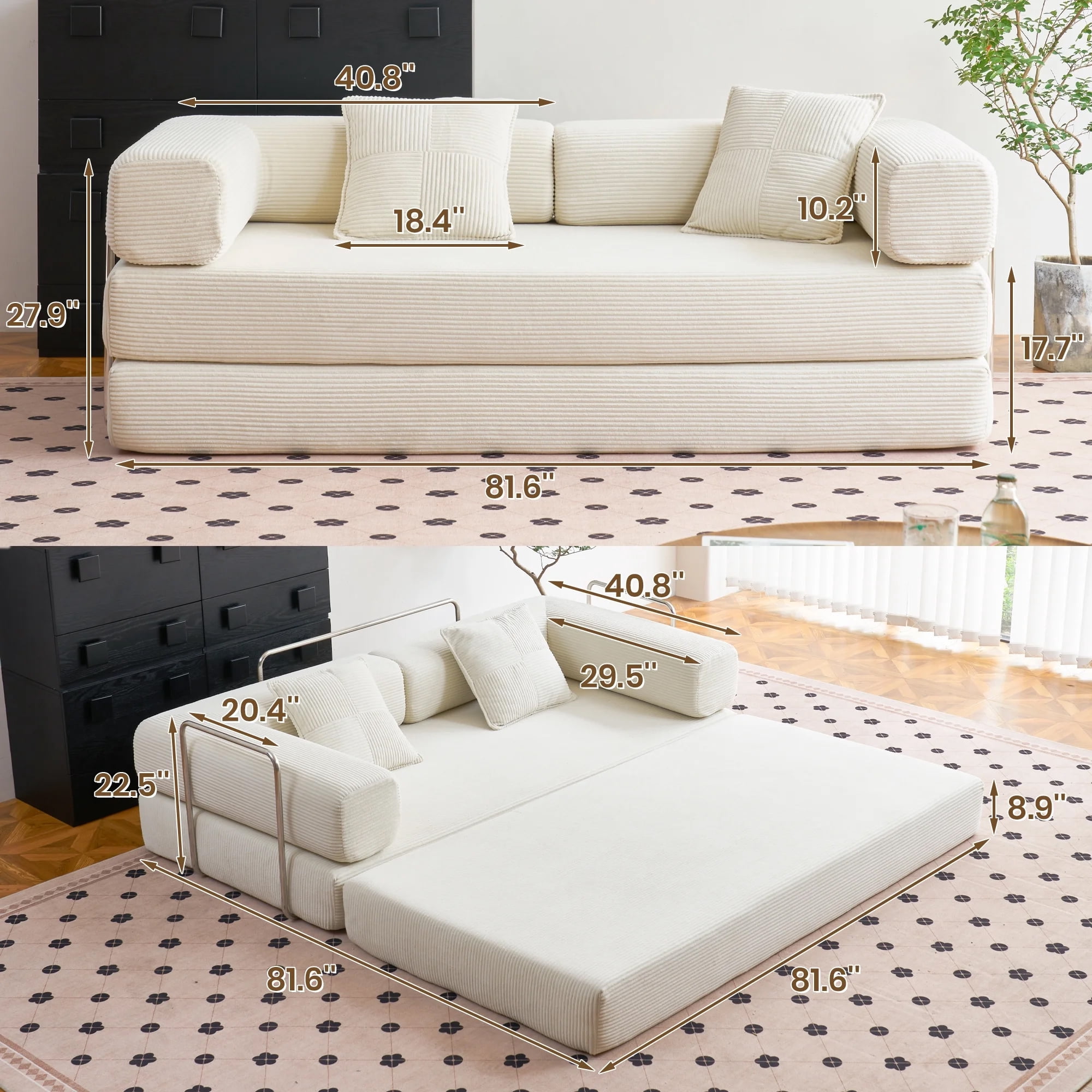 YINIX 81.6" Sleeper Sofa with Two Pillows, Comfy Modular Convertable Sofa Couch for Living Room, Small Spaces, Beige