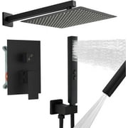 Matte Black Rainfall Shower System Fixture 12 Inch High Pressure Square Shower Head with 2 in 1 Handheld Spray Wall Mount Brass Bathroom Shower Faucet Set with cUPC Certified Rough-in Valve