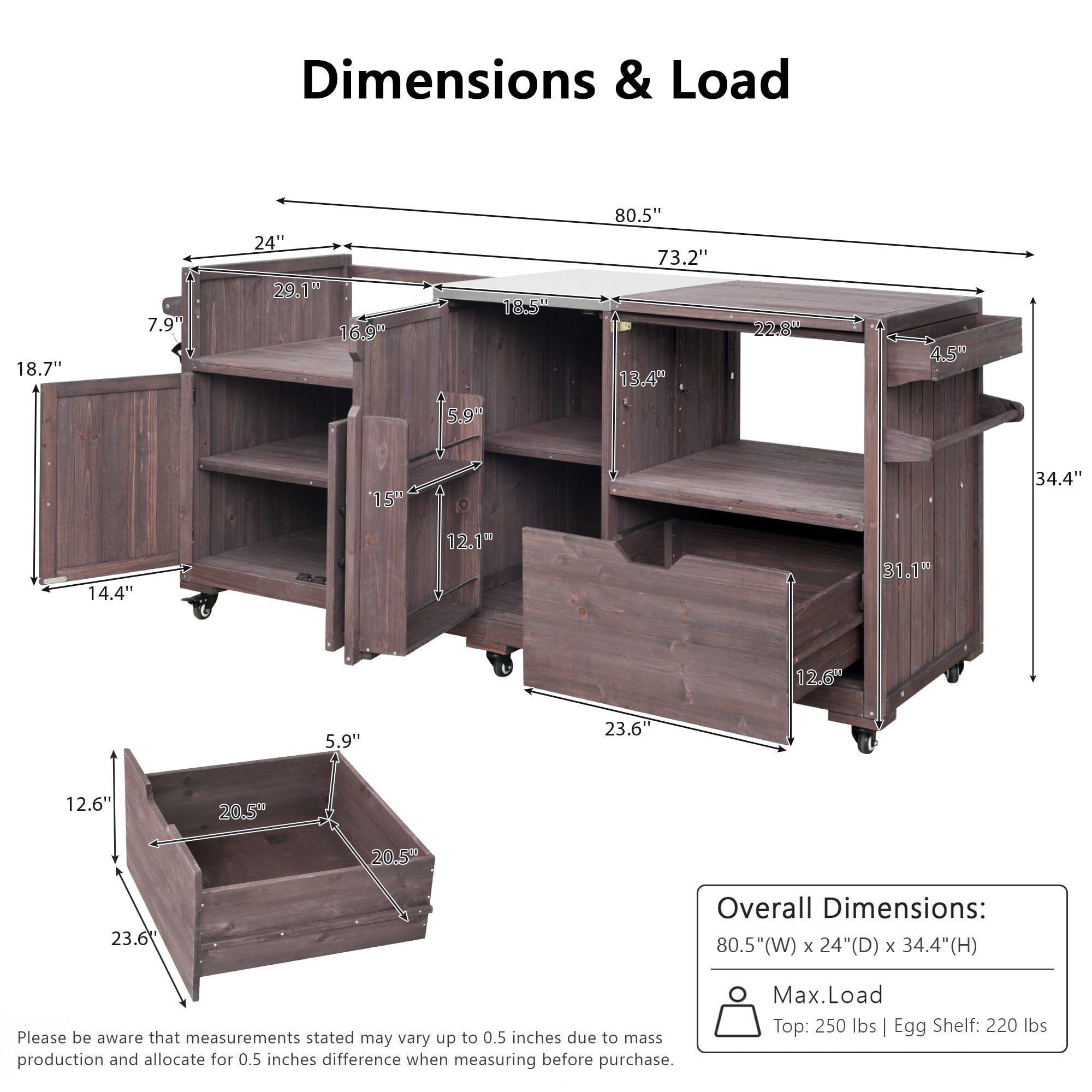AENKYO 80.5" Outdoor Kitchen Island for Big Green Egg & Blackstone, Wood Grill Cart with Stainless Steel Top, Dark Brown