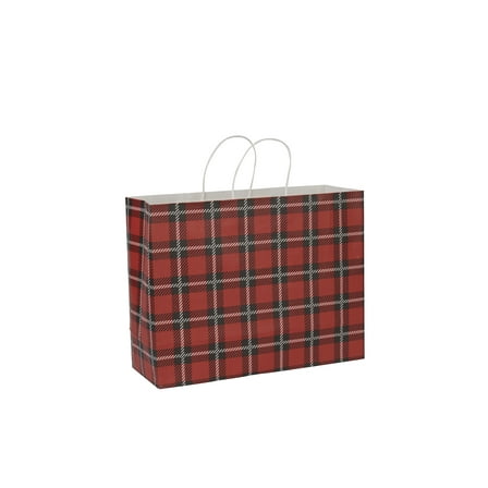 SSWBasics Large - Holiday Red Plaid Paper Shopping Bags - Case of 100