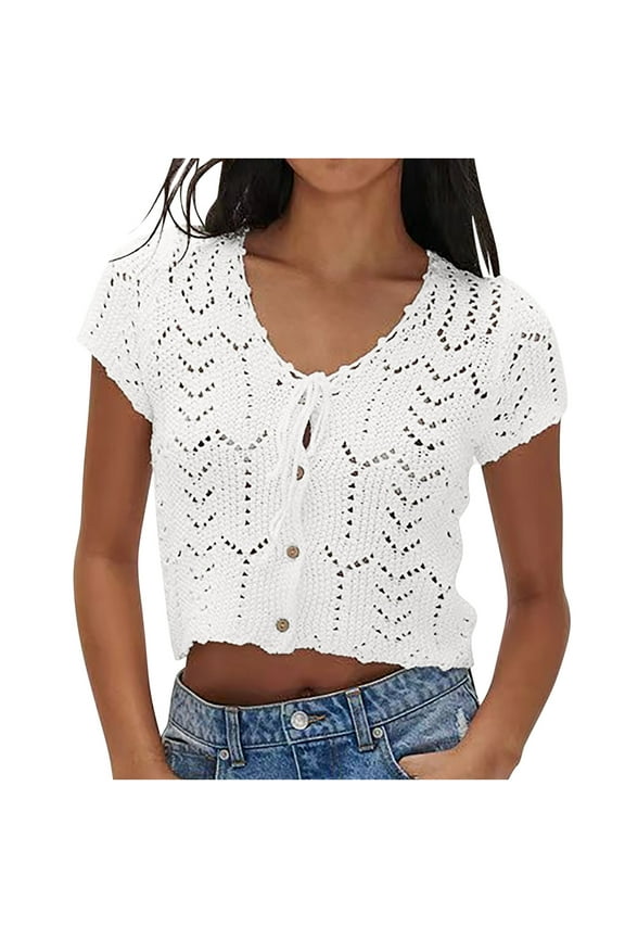 Women's Spring Summer Shirts Short Sleeve Cropped Cardigan Sweaters Crochet Knit Open Front Button up Tops