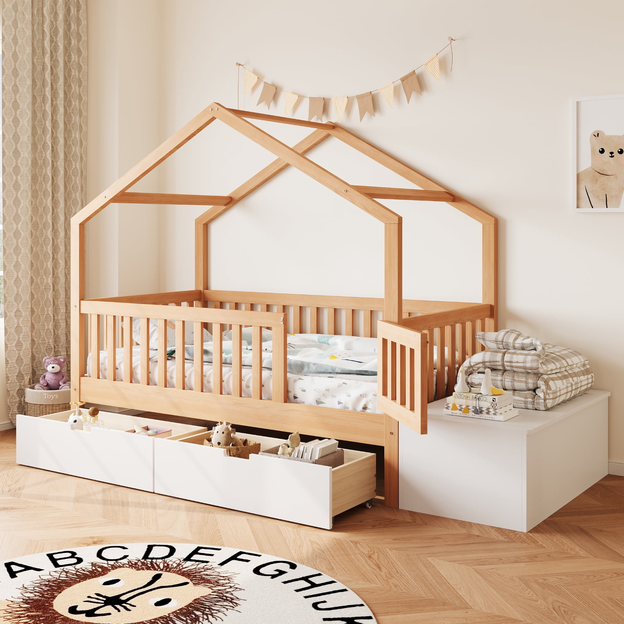 Euroco Wood Toddler House Bed with Drawers and Lift Up Chest, Natural Wood
