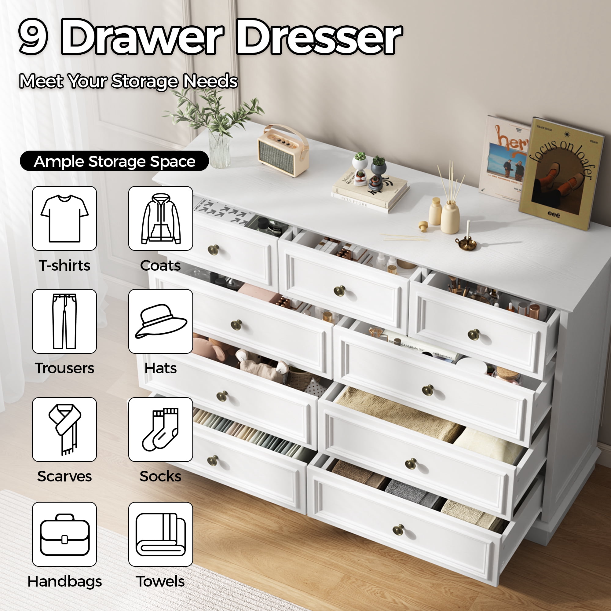 IDEALSOUL White Dresser, 9 Drawer Dresser with Round Metal Handle, 47.2" Retro Wood Storage Cabinet with 6 large drawer and 2 Small drawer for Living Room, Bedroom, Hallway