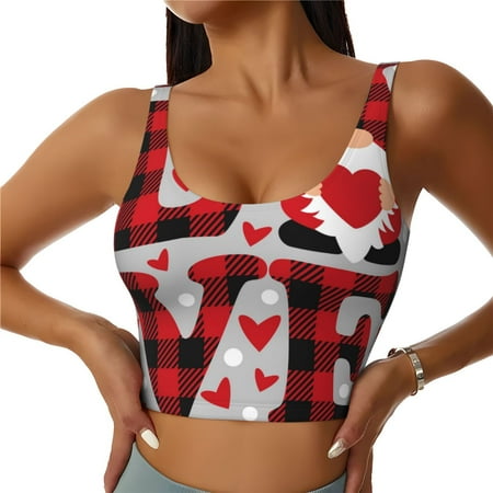 Jgfou Buffalo Plaid Love And Gnome Print Womens Sports Bra - Padded Workout Sports Bras Crop Tank Top