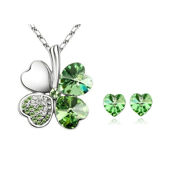 Wrapables® Lucky Sweethearts Gold Plated Crystal Heart Shaped Four Leaf Clover Pendant Necklace and Earrings Jewelry Set, Green