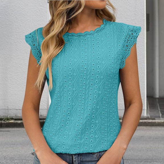 Tittly Womens Shirts Short Sleeve Shirts 2025 Spring/Summer New Solid Color Round Neck Short Sleeve Lace Splicing Hollow T Shirt Tshirts Shirts Spring Tops for Women A L