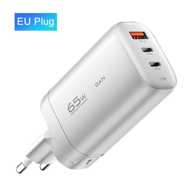 Cargador USB tipo C de 65 W para computadora portátil/teléfono móvil Ipad/Audífonos/PS5 (enchufe de la UE blanco)