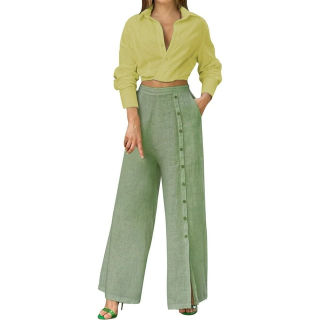 Conjunto de camisa y pantalones holgados de mujer, de color liso, dos piezas, corte holgado, poliéster-spandex, tallas S-XXL