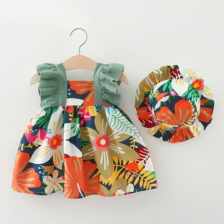 

nsendm Hat Toddler Set Ruffles Dresses Girls Princess Dress Floral Sleeveless Summer Vacation Baby Toddler Dress for Wedding Dress Green 18-24 Months