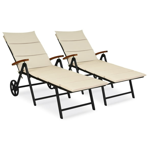 Costway 2 PCS Folding Patio Rattan Lounge Chair Chaise Cushioned Aluminum Adjust Wheel