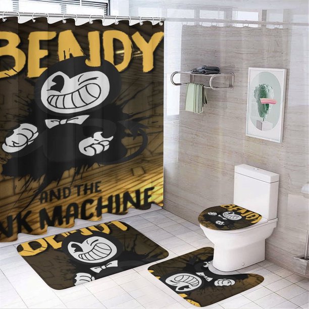 Juego de 4 cortinas de ducha de Bendy And The Ink Machine con alfombrillas antideslizantes, tapa de inodoro y alfombrilla de baño, cortina de ducha impermeable con decoración de dibujos animados para