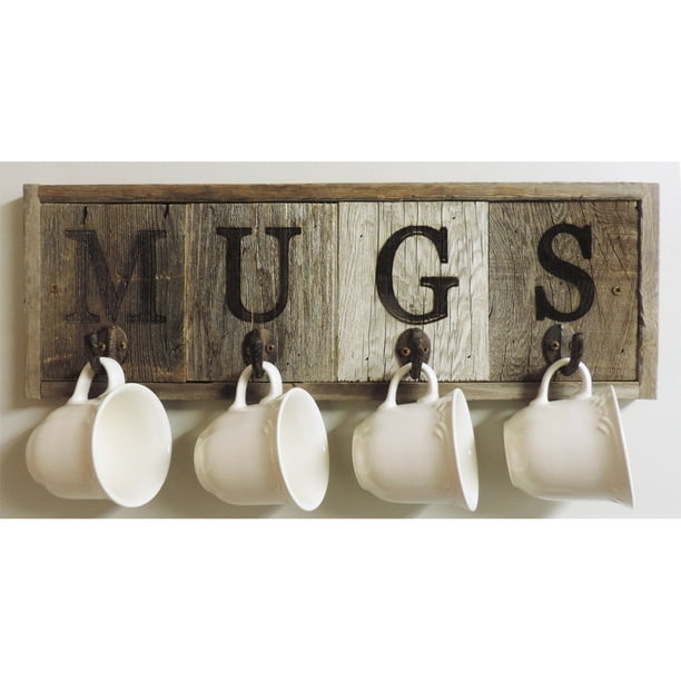 Small Rustic (4 Hooks) Barn Wood Mug Rack 21.5"X7.5", Coffee Cup