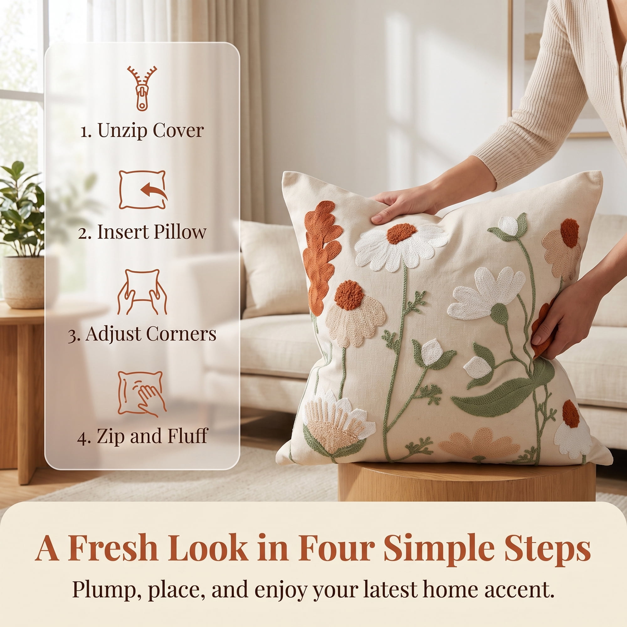 Unique Bargains Chic Floral Embroidered Throw Pillow Cover Floral Accent Orange 18"x18"