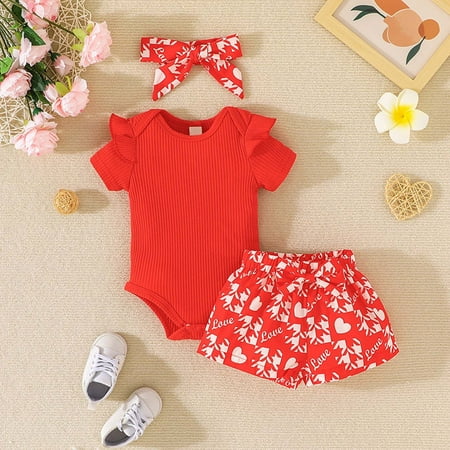 

QIPOPIQ Infant Girl s Clothing Set Clearance Valentine s Day Baby Girls Short Sleeve Jumpsuit+Printing Short Pants+Headband Three-piece Set