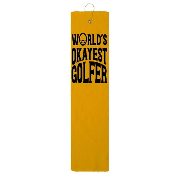 World's Okayest Golfer Gold Tri-fold Golf Towel With Grommet & Hook Club Ball Tee Golfing Gift Birthday Black Vinyl 15" x 18"