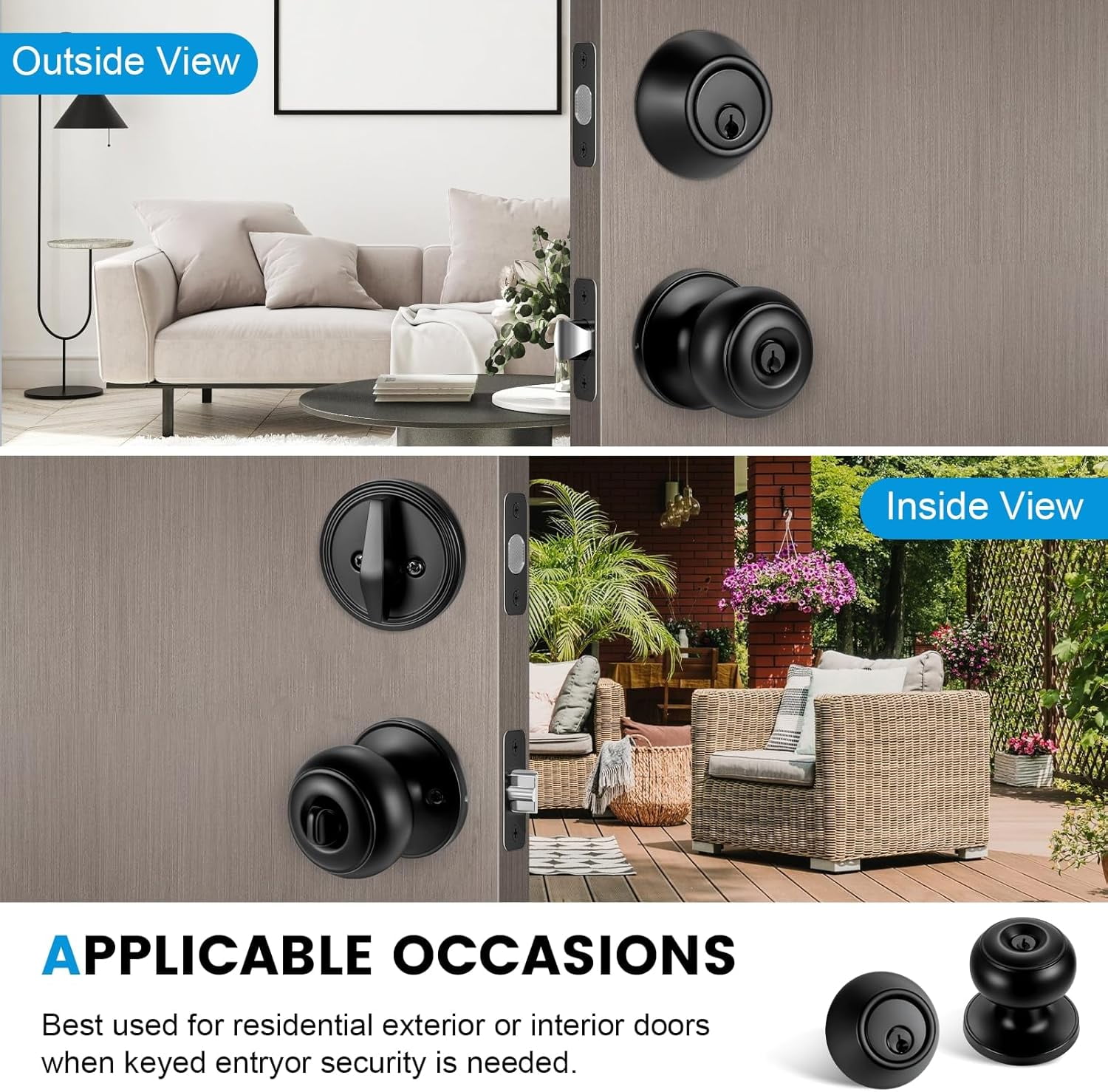 3 Pack Front Door Lock Set Matte Black,Exterior Door Lock Set with Deadbolt,Single Cylinder Deadbolt Lock and Door Knob Set,Keyed Alike Door Knobs with Lock&Keys,Round Ball Entry Door Lockset