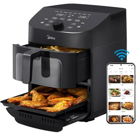 Dual Basket Air Fryer Oven 11 Quart 8 in 1 Functions, Clear Window, Smart Sync Finish, Works with Alexa, Wi-Fi Connectivity, 50+ App Recipes for family meals, Bake, Roast, Grill, Broil, Toast