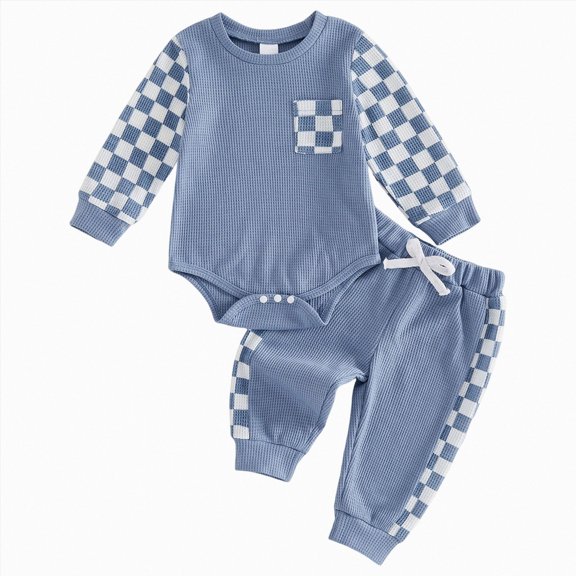 Kaprioy Baby Boy Romper Newborn Baby Boy Fall Outfit Romper Long Sleeve Plaid Print Patchwork Jumpsuit Bodysuit Elastic Waist Pants Infant Waffle Clothes