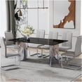 thumbnail image 3 of 6-Piece Dining Set with Marble Glass Table & Light Gray PU Chairs, Silver Metal Legs for Kitchen, Dining Room, 3 of 10
